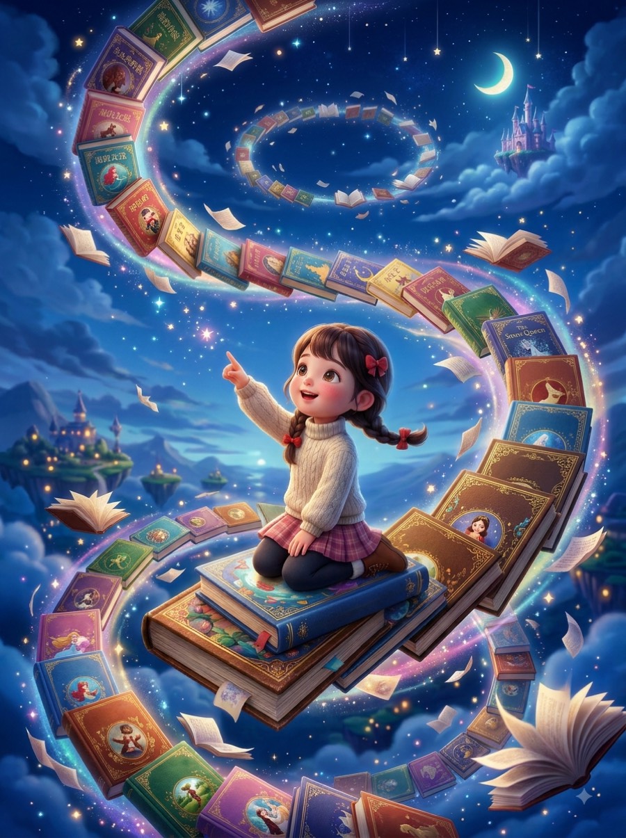 小女孩坐在星空中盤旋的故事書上,伸手指向遠方